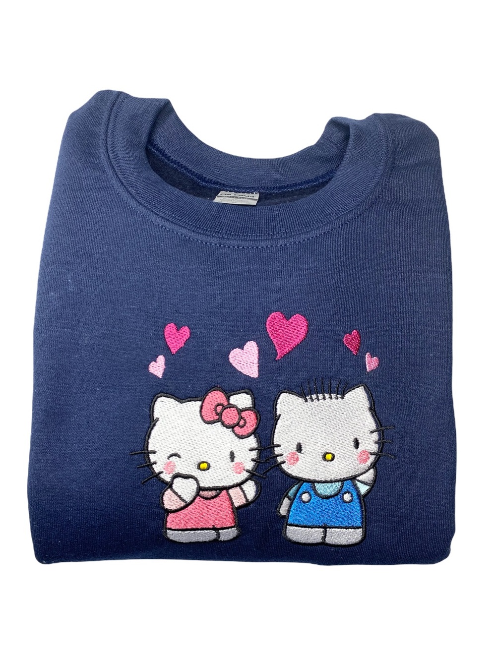 Navy Hello Kitty Embroidered Sweatshirt with Pink and Blue Hearts